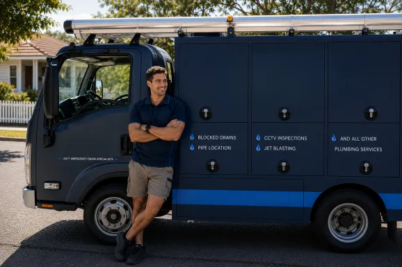 Plumber standing beside a service van in Lilyfield