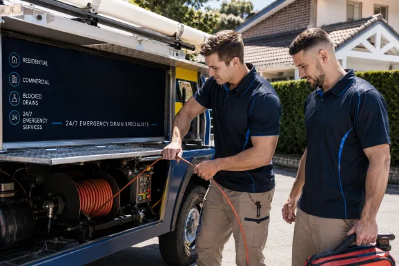 Two plumbers working on a blocked drain in Lilyfield