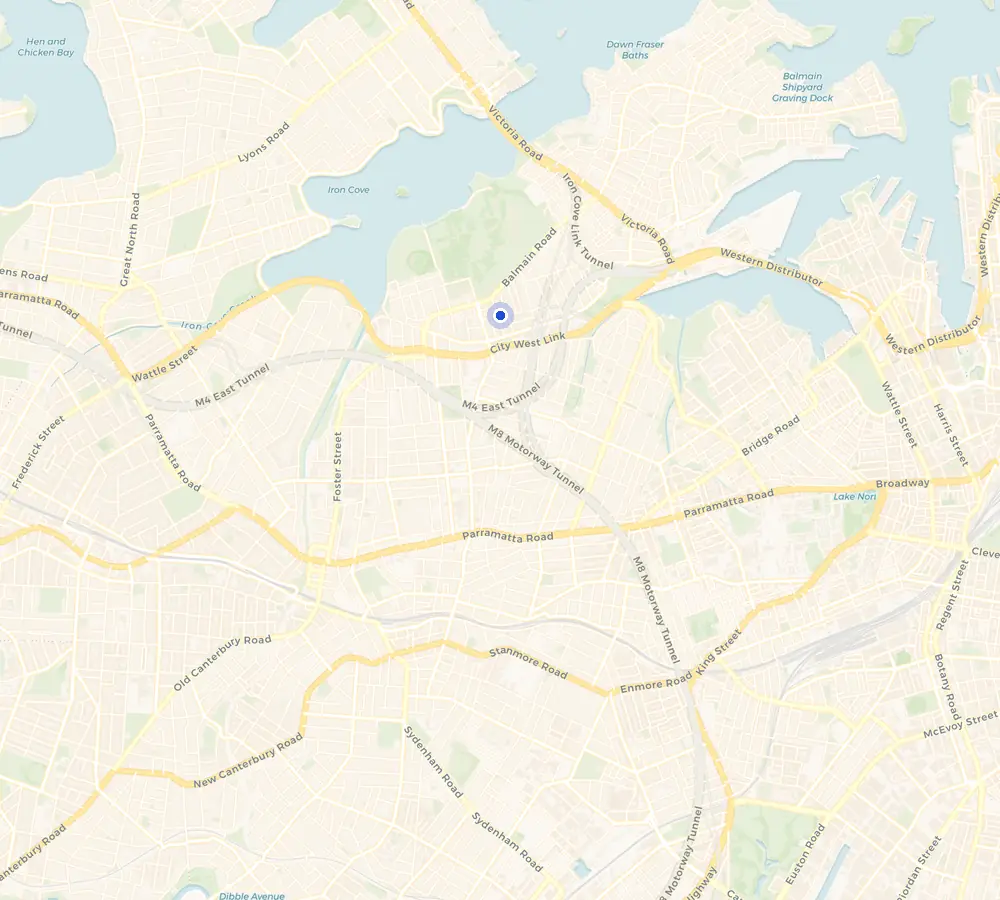 Map of the Lilyfield service area and the surrounding Inner West, showing Lilyfield and the nearby streets we cover.