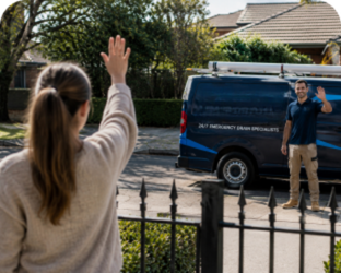 Customer waving goodbye to a Lilyfield Blocked Drains plumber